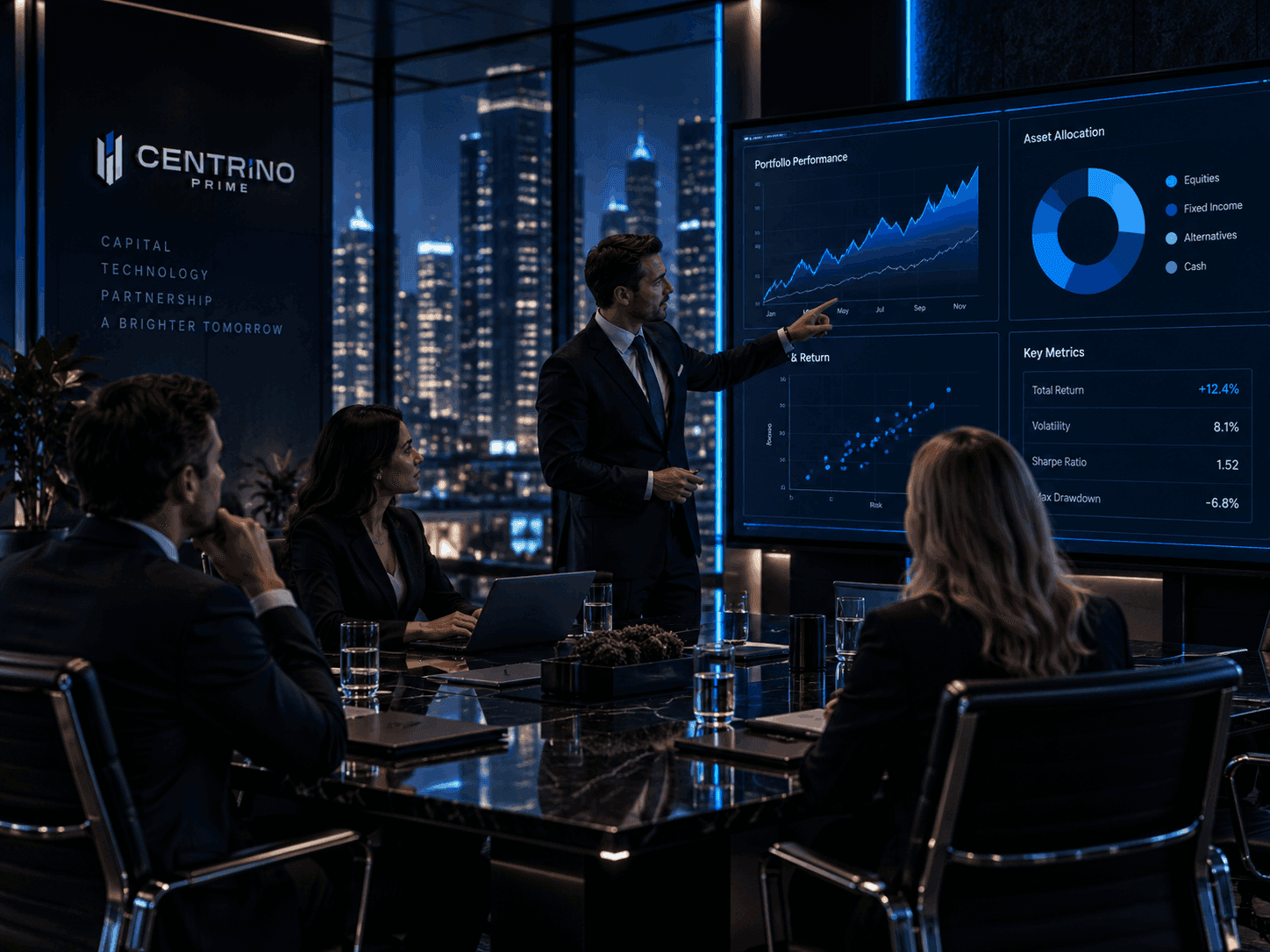 A boardroom portfolio review: a presenter at a wall display showing portfolio performance, asset allocation and key metrics, with colleagues seated at the table.
