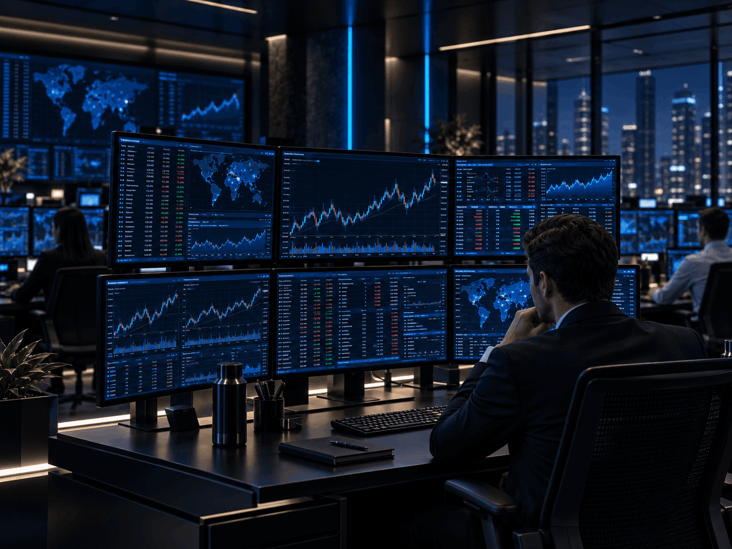 A trader at a multi-screen desk reviewing candlestick charts, order books and global market data on a trading floor at night.