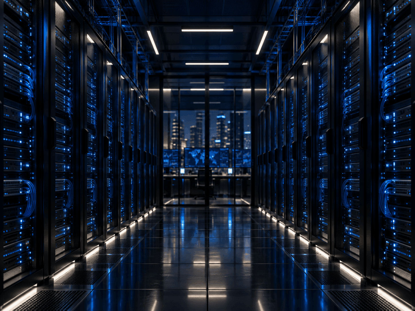 An aisle of server racks in a data centre, status lights running along the cabinets, with a monitoring station and city skyline at the far end.