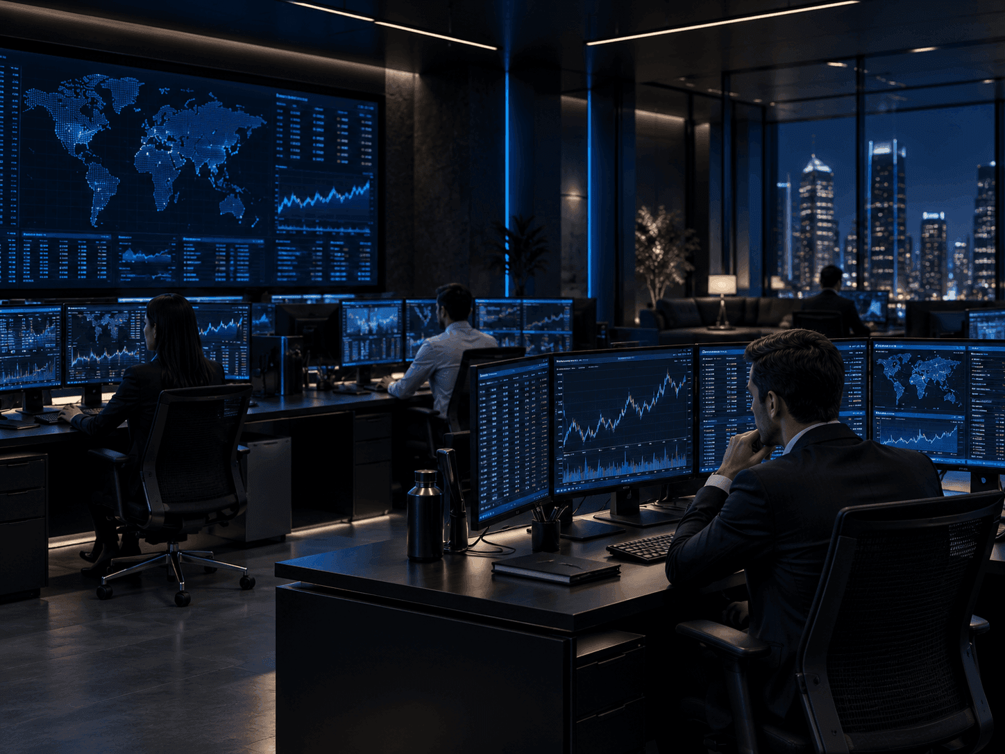 An institutional trading floor at night: multi-screen desks showing live market data, with a wall display of global markets and a city skyline beyond.